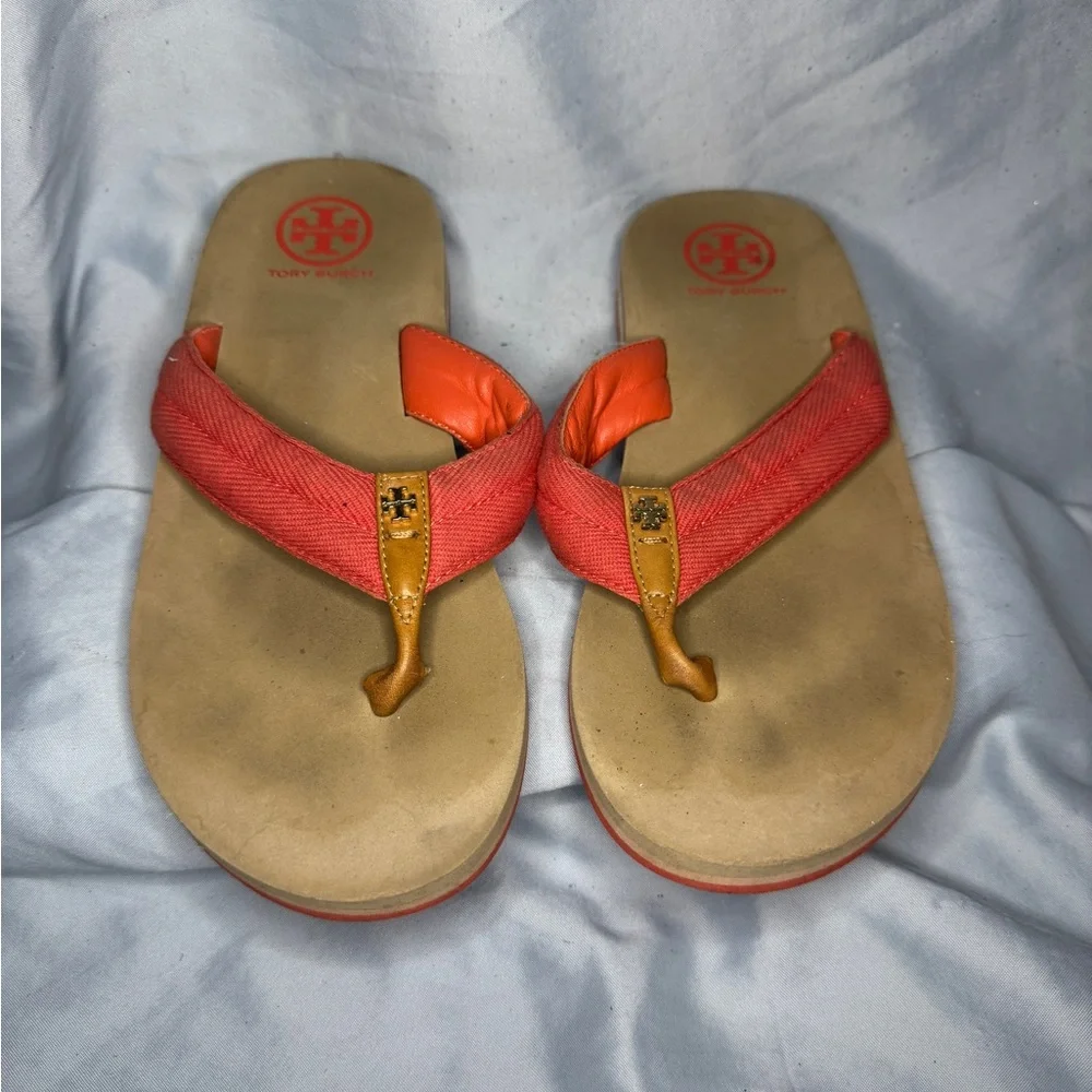 Tory Burch Orange Canvas Flip Flops – Size 8.5
